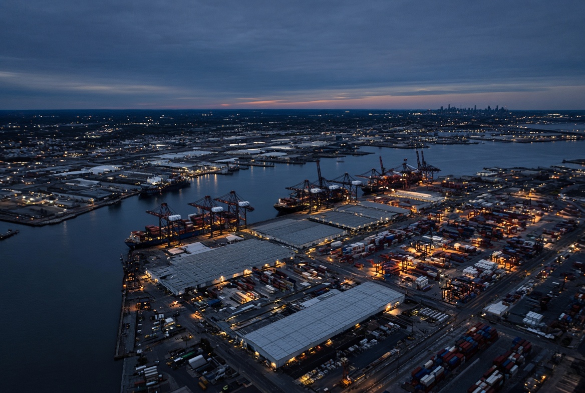Port complex at dusk