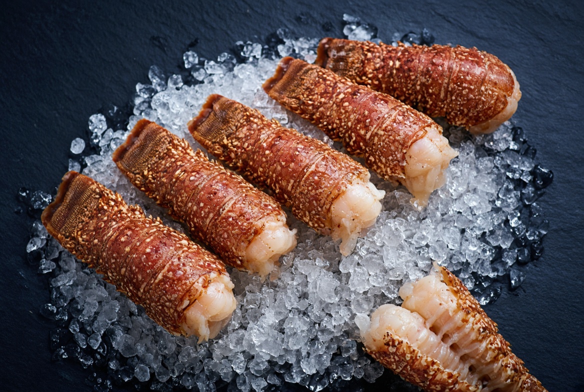Frozen Caribbean lobster tails on ice